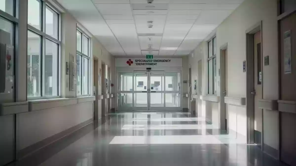 Moderner, leerer Flur in einem Krankenhaus mit hellem Tageslicht, der zu einer Notaufnahme führt. Illustration mit AI erstellt.