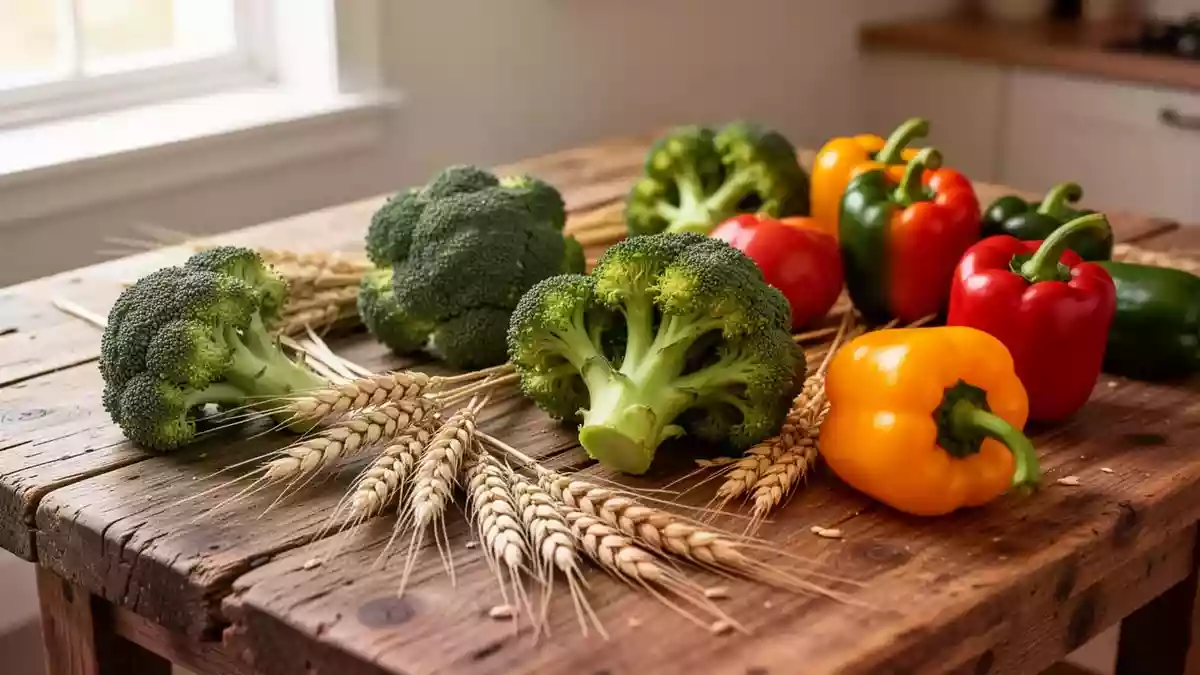 Frische, naturbelassene Lebensmittel wie Brokkoli, Vollkorn und Paprika auf einem rustikalen Holztisch bei natürlichem Licht. Illustration mit AI erstellt.