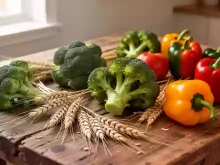 Frische, naturbelassene Lebensmittel wie Brokkoli, Vollkorn und Paprika auf einem rustikalen Holztisch bei natürlichem Licht. - Foto: über boerse-global.de