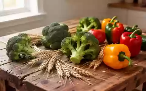 Frische, naturbelassene Lebensmittel wie Brokkoli, Vollkorn und Paprika auf einem rustikalen Holztisch bei natürlichem Licht. - Foto: über boerse-global.de
