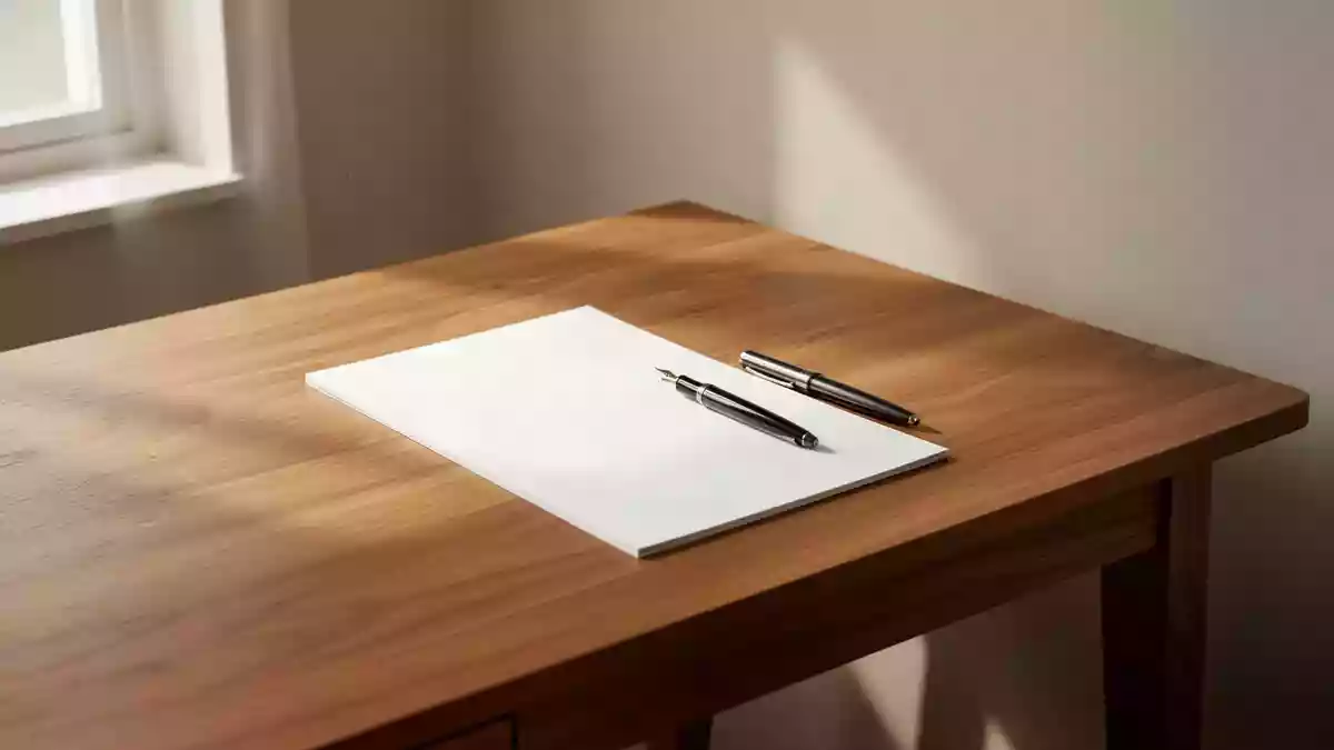 Ein minimalistischer, sonnendurchfluteter Arbeitsplatz mit einem leeren Notizblock und einem Füllfederhalter in einer ruhigen Umgebung. Illustration mit AI erstellt.