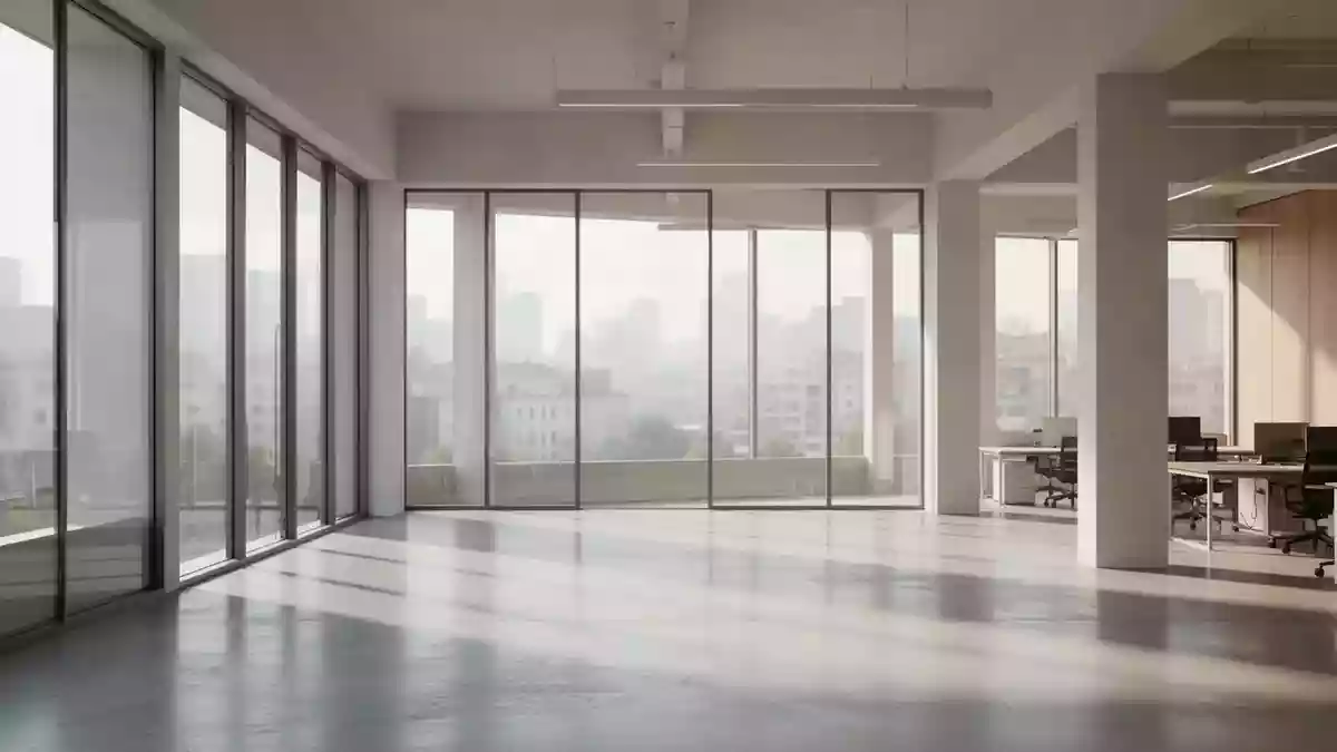Ein lichtdurchfluteter, moderner Büroraum mit großen Fenstern und minimalistischem Design ohne Personen. Illustration mit AI erstellt.
