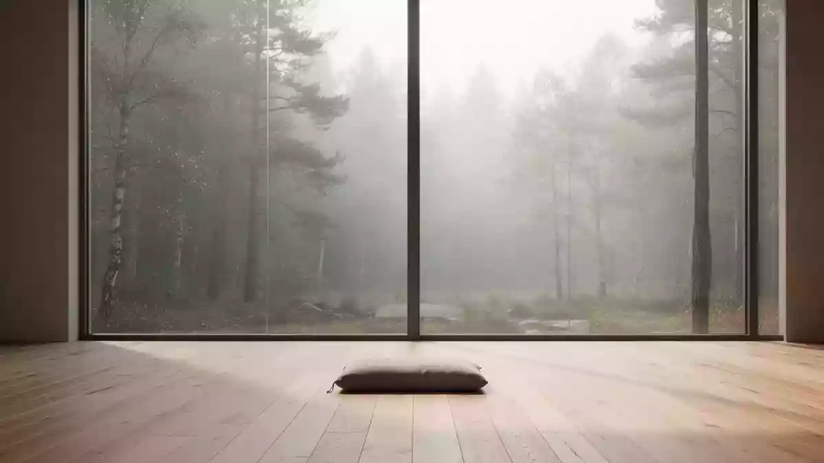 Ein minimalistischer, lichtdurchfluteter Raum mit einem Meditationskissen vor einem Fenster, das auf einen nebligen Wald blickt. Illustration mit AI erstellt.
