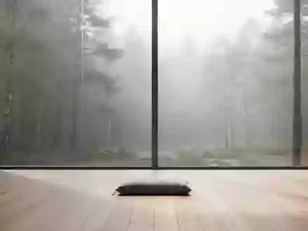 Ein minimalistischer, lichtdurchfluteter Raum mit einem Meditationskissen vor einem Fenster, das auf einen nebligen Wald blickt. - Foto: über boerse-global.de