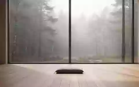 Ein minimalistischer, lichtdurchfluteter Raum mit einem Meditationskissen vor einem Fenster, das auf einen nebligen Wald blickt. - Foto: über boerse-global.de