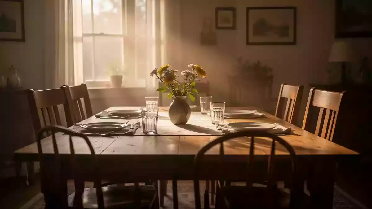 Ein sonnendurchfluteter Esstisch mit leerem Gedeck in einem ruhigen Wohnraum, der eine Atmosphäre von Besinnlichkeit vermittelt. Illustration mit AI erstellt.