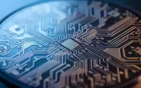 Nahaufnahme einer Silizium-Wafer-Oberfläche mit komplexen, geometrischen Mikro-Schaltkreismustern in Blau- und Goldtönen. - Foto: über boerse-global.de