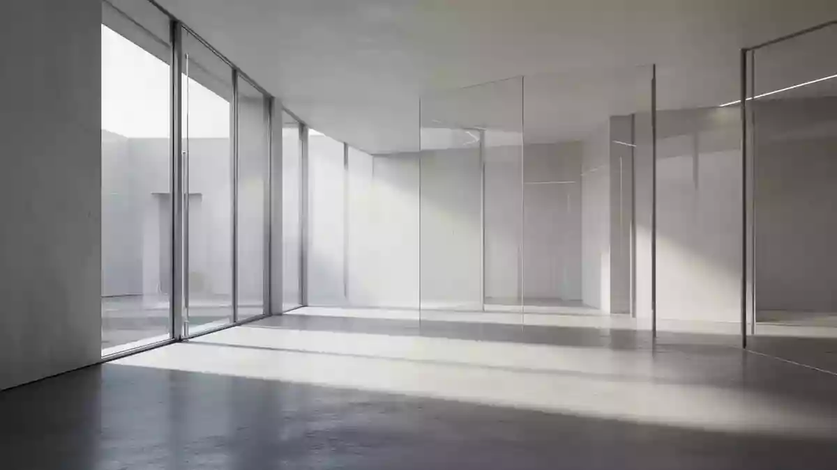 Ein minimalistischer, moderner Innenraum mit klaren architektonischen Linien und natürlichem Lichteinfall. Illustration mit AI erstellt.