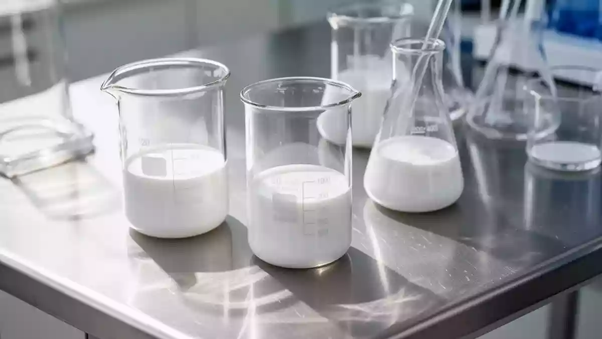 Laborausstattung aus Glas auf einer sterilen Edelstahloberfläche in einem hellen, medizinischen Forschungslabor. Illustration mit AI erstellt.