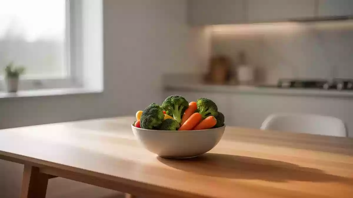 Eine Schüssel mit frischem Gemüse auf einem Holztisch in einem hellen, minimalistisch eingerichteten Raum. Illustration mit AI erstellt.