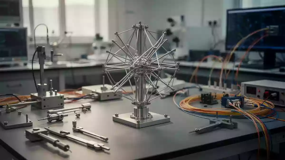 Ein technisches Labor mit einem Prototyp einer Quantenantenne auf einem Arbeitstisch. Illustration mit AI erstellt.