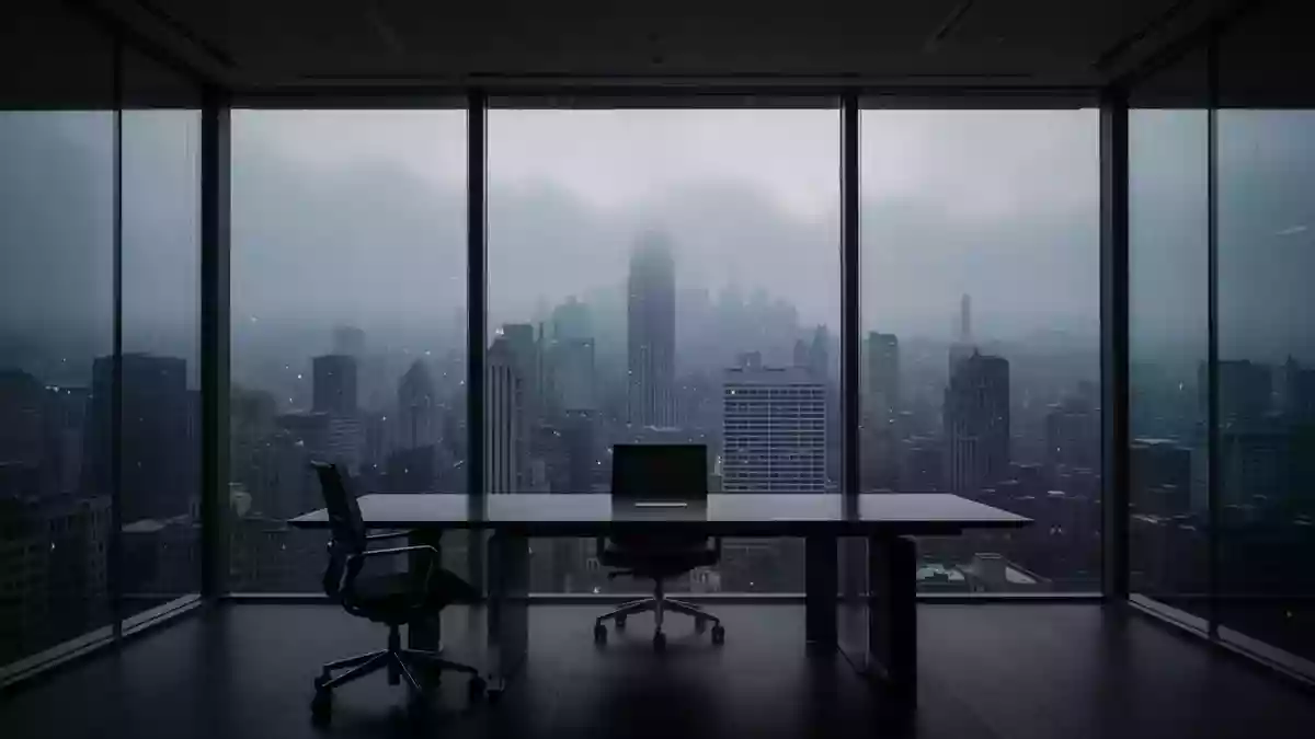 Ein leerer, minimalistischer Konferenzraum mit Blick auf eine neblige Stadtlandschaft in der Dämmerung. Illustration mit AI erstellt.