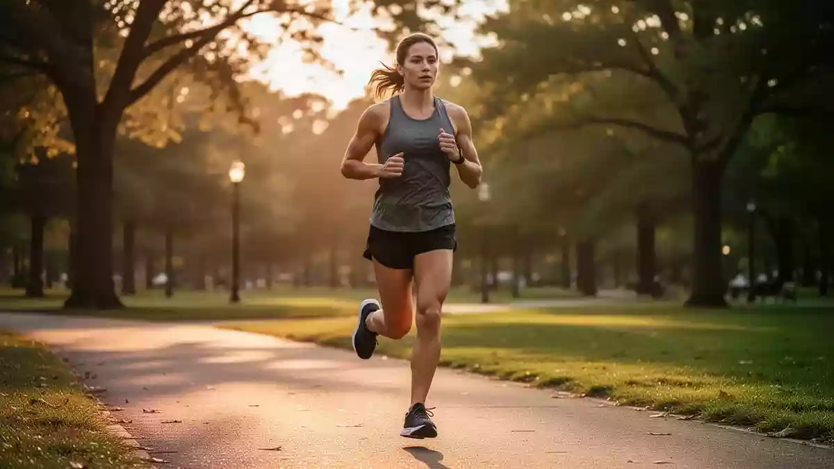 Eine Person joggt bei Sonnenuntergang in einem Park, um die gesundheitlichen Vorteile von Ausdauertraining zu verdeutlichen. Illustration mit AI erstellt.