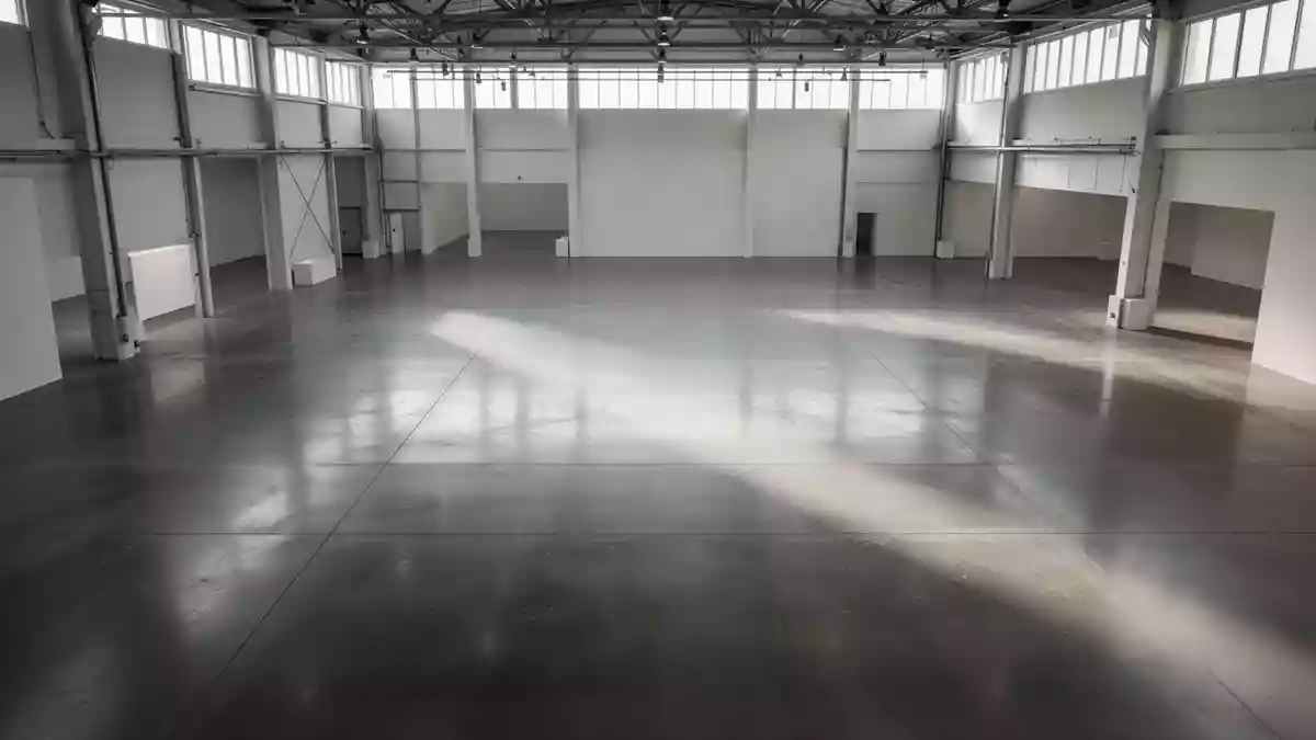 Eine weite, leere Industriehalle mit poliertem Betonboden und einfallendem natürlichem Licht. Illustration mit AI erstellt.