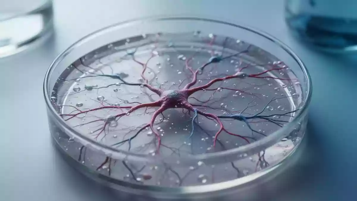 Nahaufnahme einer neuronalen Zellkultur in einer Laborschale, die als biologisches Rechennetzwerk dient. Illustration mit AI erstellt.