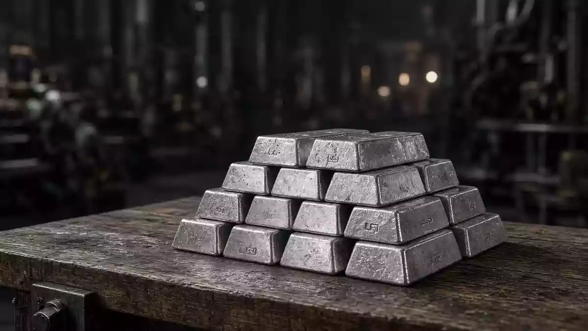 Silberbarren auf einer Werkbank in einer Edelmetallraffinerie bei natürlichem Seitenlicht. Illustration mit AI erstellt.