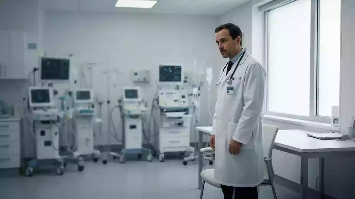 Ein moderner, heller Behandlungsraum in einer Onkologie-Klinik mit medizinischen Geräten im Hintergrund. Illustration mit AI erstellt.