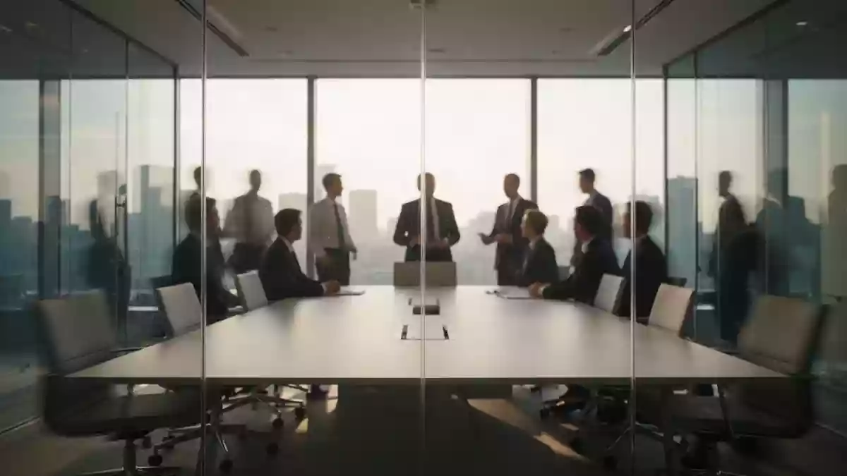 Ein moderner Konferenzraum in einem Bürogebäude bei Tageslicht. Illustration mit AI erstellt.