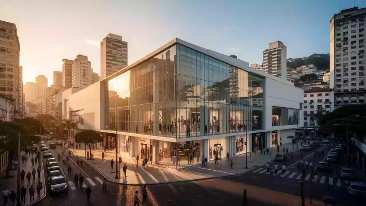 Moderne Shopping-Mall in Brasilien während der goldenen Stunde. Illustration mit AI erstellt.