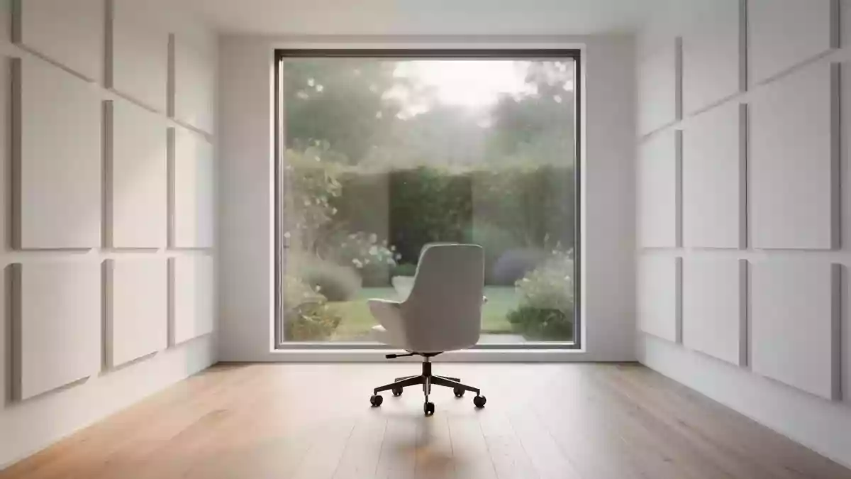 Ein minimalistischer, heller Forschungsraum mit Akustikpaneelen und Blick in einen Garten. Illustration mit AI erstellt.