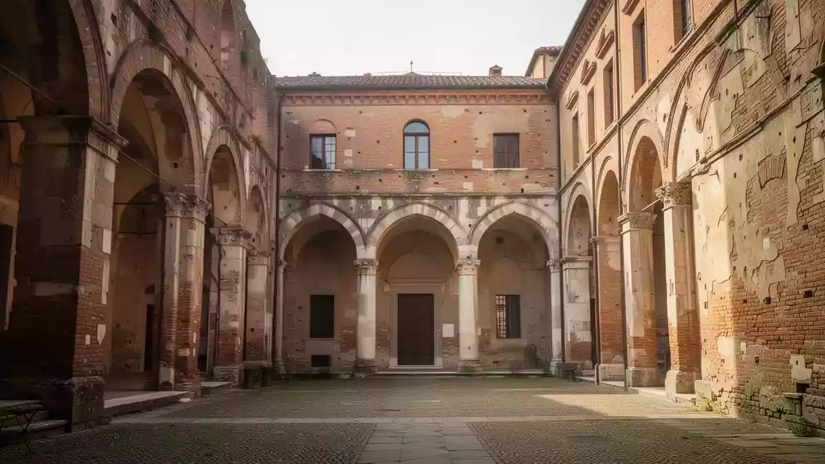 Ein sonnendurchfluteter, historischer Innenhof mit alten Backsteinmauern und Rundbögen in Piacenza. Illustration mit AI erstellt.