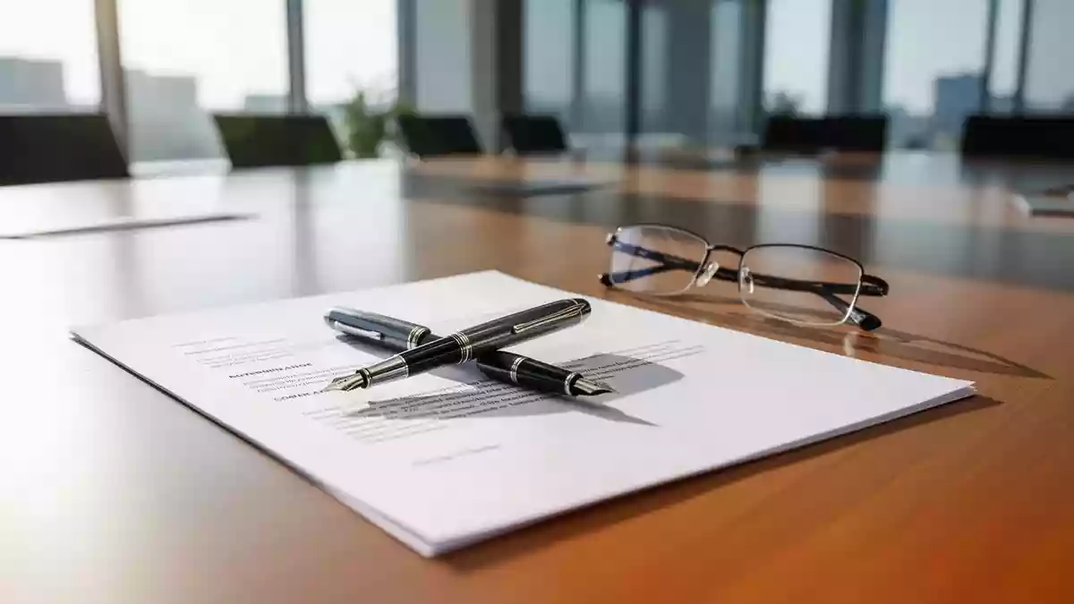 Ein hochwertiger Füllfederhalter liegt auf einem leeren Vertrag in einem modernen, hellen Büro. Illustration mit AI erstellt.