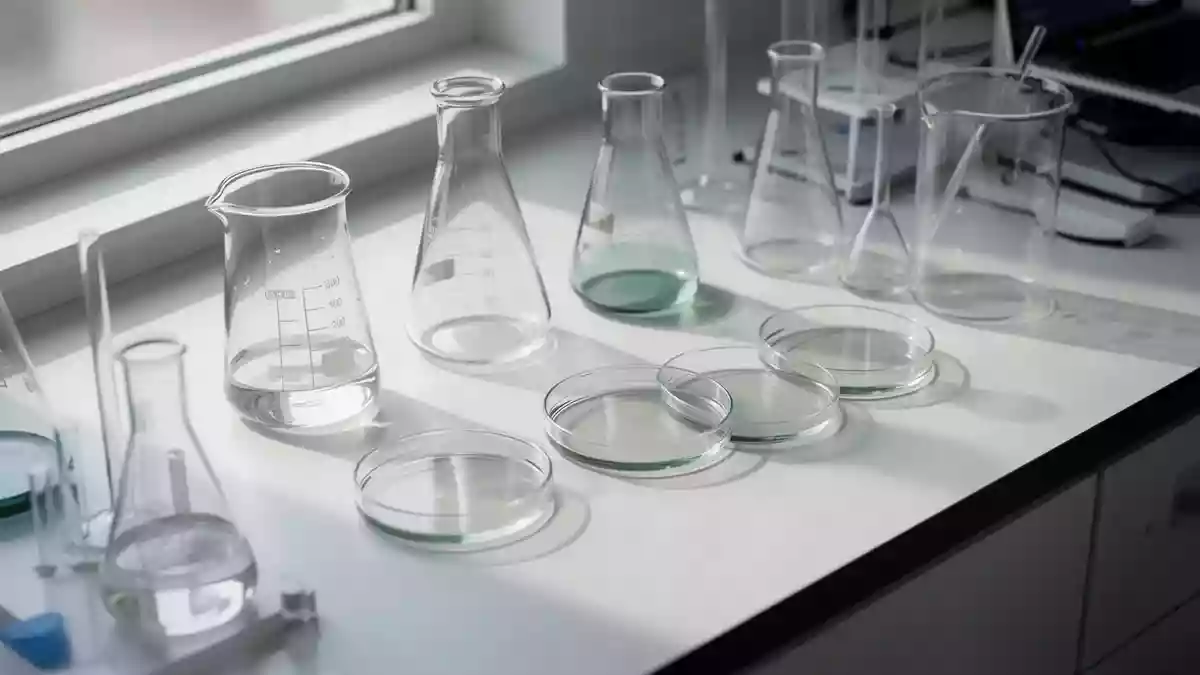 Laborausrüstung mit Glasgefäßen und Petrischalen auf einem sterilen Labortisch bei natürlichem Lichteinfall Illustration mit AI erstellt.