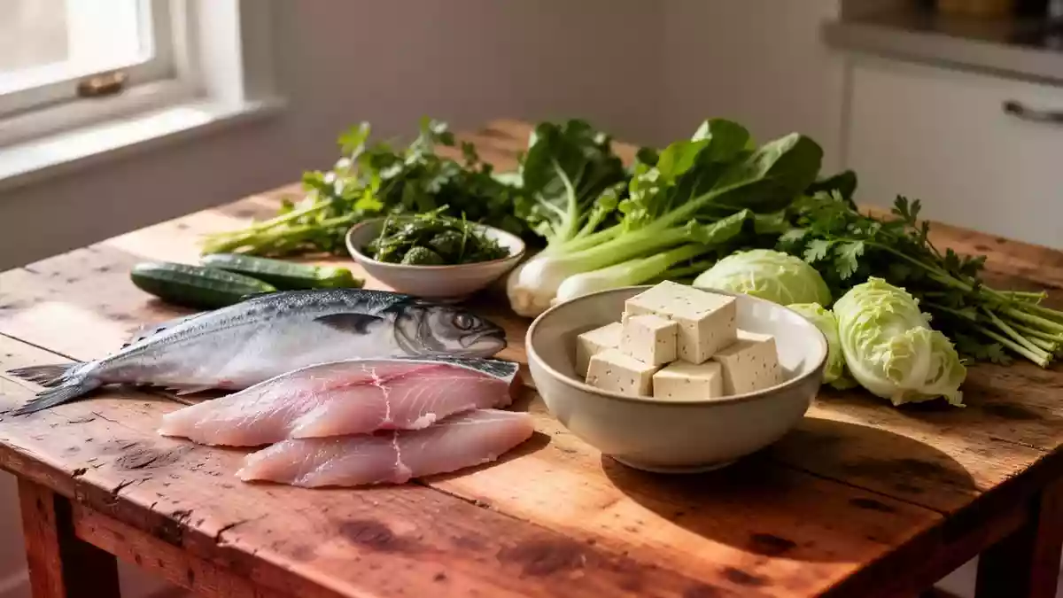 Eine Auswahl an unverarbeiteten Lebensmitteln wie Fisch, Tofu und Gemüse auf einem Holztisch als Symbol für eine ausgewogene Ernährung. Illustration mit AI erstellt.
