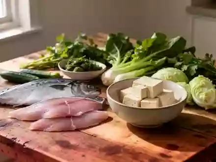 Eine Auswahl an unverarbeiteten Lebensmitteln wie Fisch, Tofu und Gemüse auf einem Holztisch als Symbol für eine ausgewogene Ernährung. - Foto: über boerse-global.de