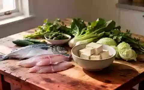 Eine Auswahl an unverarbeiteten Lebensmitteln wie Fisch, Tofu und Gemüse auf einem Holztisch als Symbol für eine ausgewogene Ernährung. - Foto: über boerse-global.de