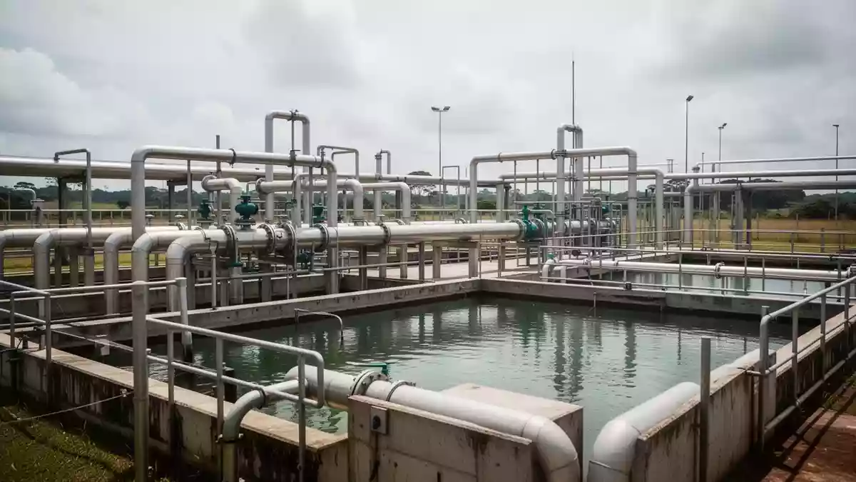 Moderne Wasseraufbereitungsanlage in Brasilien vor einem bewölkten Himmel. Illustration mit AI erstellt.