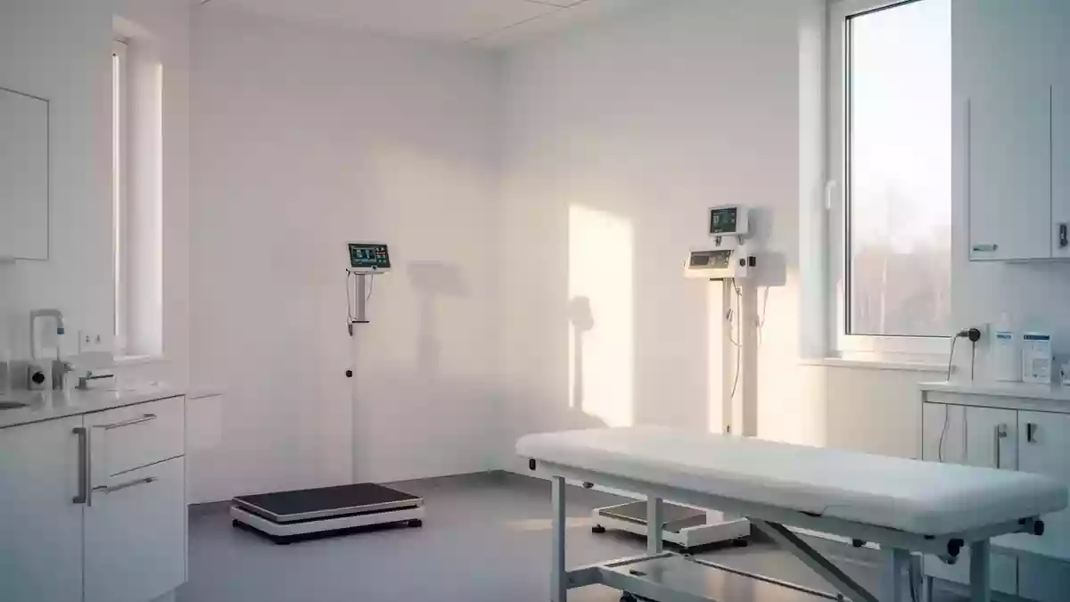 Ein minimalistisch eingerichteter, heller Behandlungsraum in einer medizinischen Praxis. Illustration mit AI erstellt.
