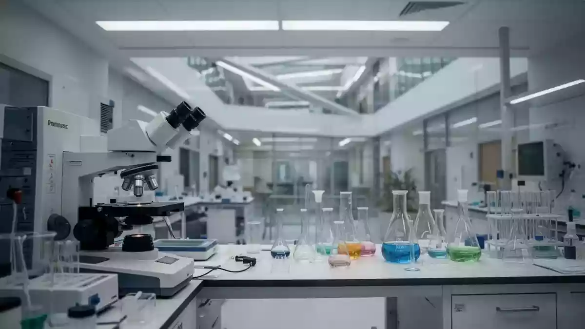 Ein modernes medizinisches Forschungslabor mit präzisen Analysegeräten und wissenschaftlichem Glasgeschäft. Illustration mit AI erstellt.