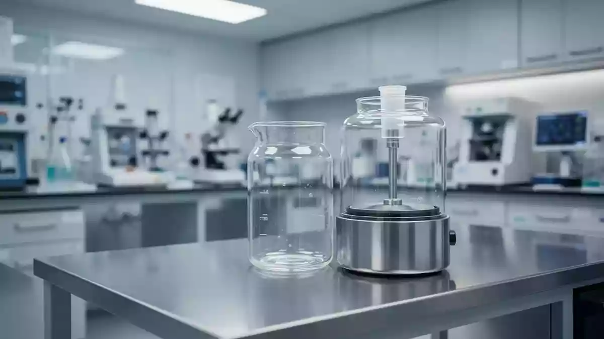 Ein steriler Labortisch mit einem gläsernen Zentrifugengefäß in einem modernen medizinischen Forschungslabor. Illustration mit AI erstellt.