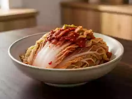 Eine Schale mit traditionellem Kimchi auf einem Holztisch, die die Textur der fermentierten Zutaten zeigt. - Foto: über boerse-global.de