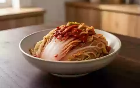 Eine Schale mit traditionellem Kimchi auf einem Holztisch, die die Textur der fermentierten Zutaten zeigt. - Foto: über boerse-global.de