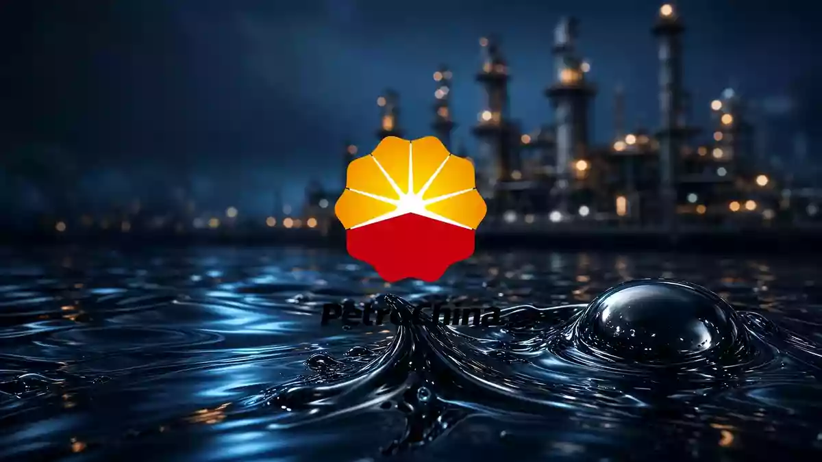 Abstrakte Darstellung einer Ölraffinerie bei Sonnenaufgang als Symbol für den Energiesektor. Illustration mit AI erstellt.