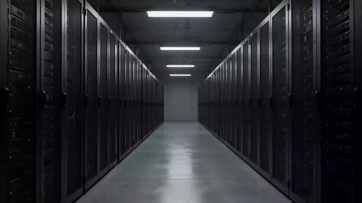 Ein langer, leerer Flur in einem Rechenzentrum mit dunklen Serverracks, die in einer kühlen, professionellen Atmosphäre stehen. Illustration mit AI erstellt.