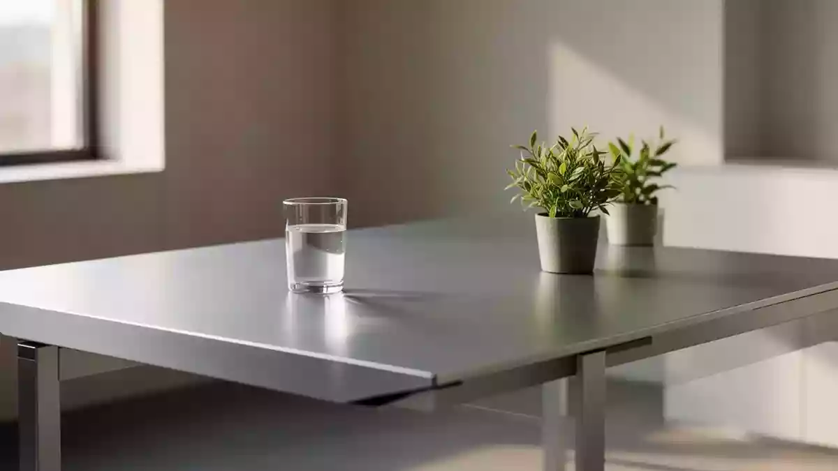 Ein minimalistischer, heller Arbeitsplatz mit einer leeren Glasoberfläche und einer kleinen Pflanze in einem ruhigen Raum. Illustration mit AI erstellt.