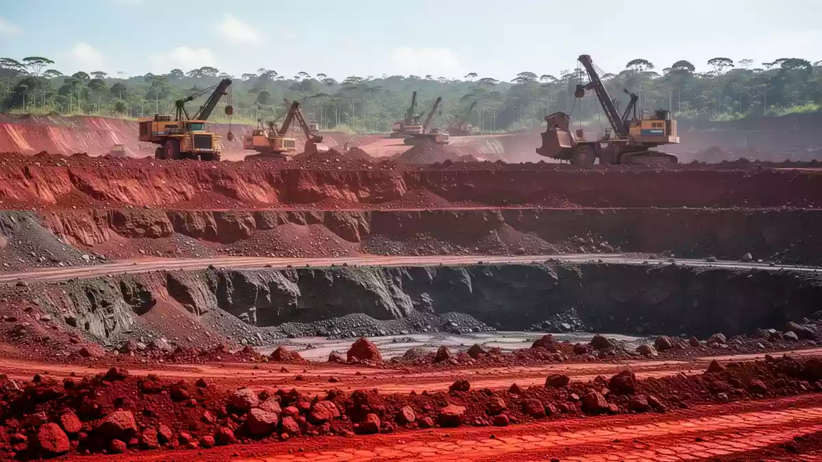 Offene Mine für Seltene Erden in Brasilien mit roter Erde und Bergbaumaschinen im Tageslicht. Illustration mit AI erstellt.