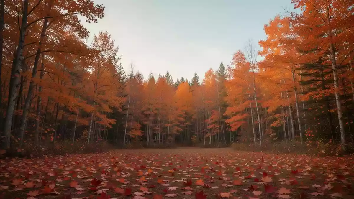 Eine herbstliche kanadische Waldlandschaft mit buntem Laub unter einem klaren Himmel. Illustration mit AI erstellt.