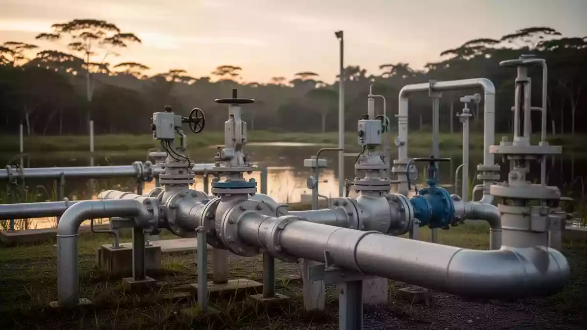 Industrielle Wasserinfrastruktur bei Sonnenaufgang, symbolisch für die Copasa-Anlagen. Illustration mit AI erstellt.
