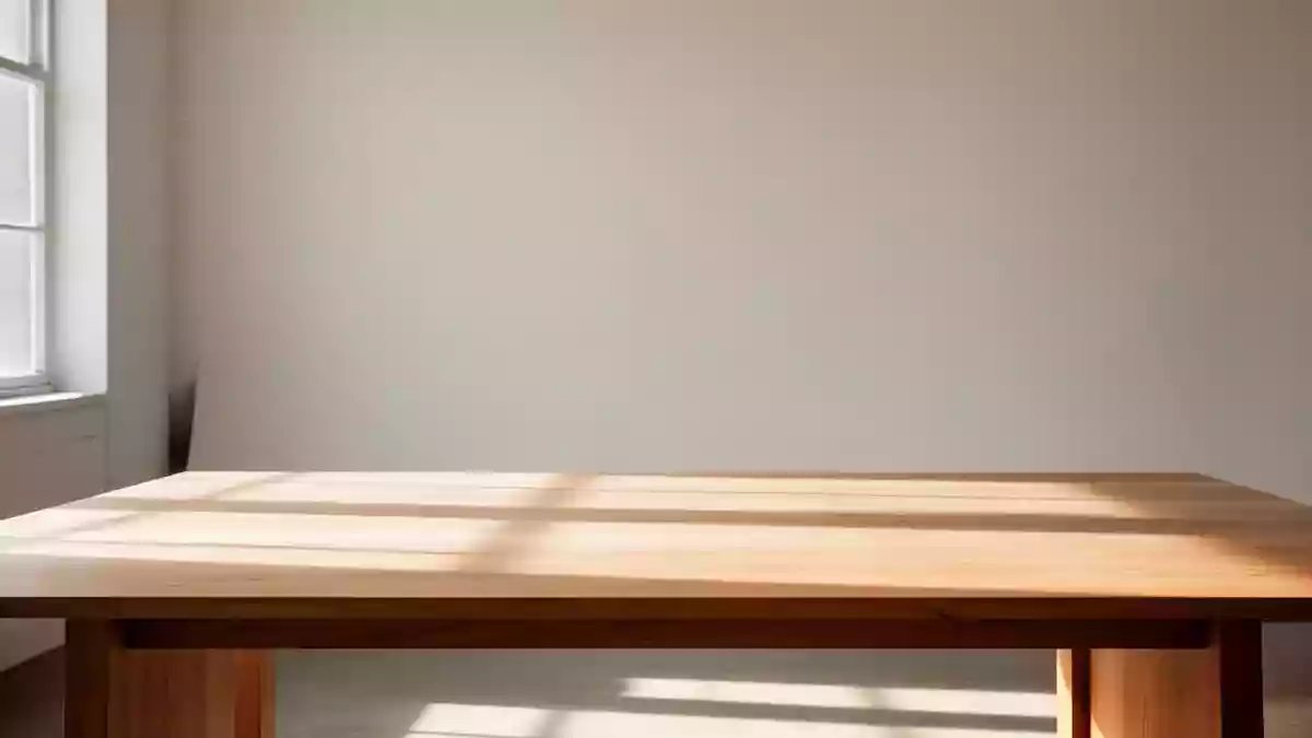 Ein minimalistischer, heller Studioraum mit einer hölzernen Oberfläche und natürlichem Lichteinfall. Illustration mit AI erstellt.
