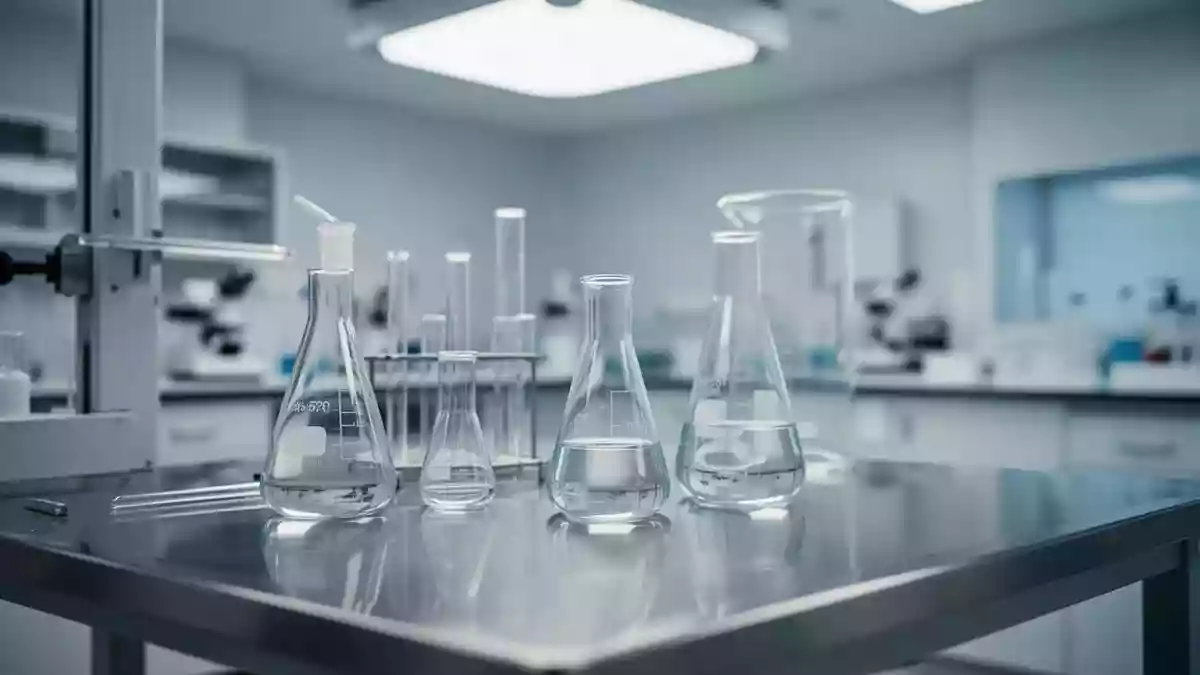 Moderne, minimalistische Laborumgebung mit Glasgeräten auf einer Edelstahloberfläche in kühlem, hellem Licht. Illustration mit AI erstellt.