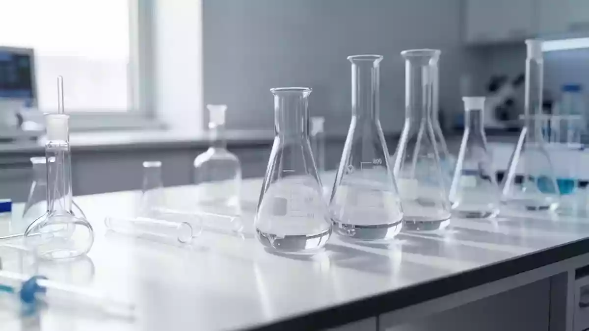 Ein steriler, moderner medizinischer Forschungslaborraum mit wissenschaftlichen Glasgefäßen auf einem sauberen Labortisch. Illustration mit AI erstellt.