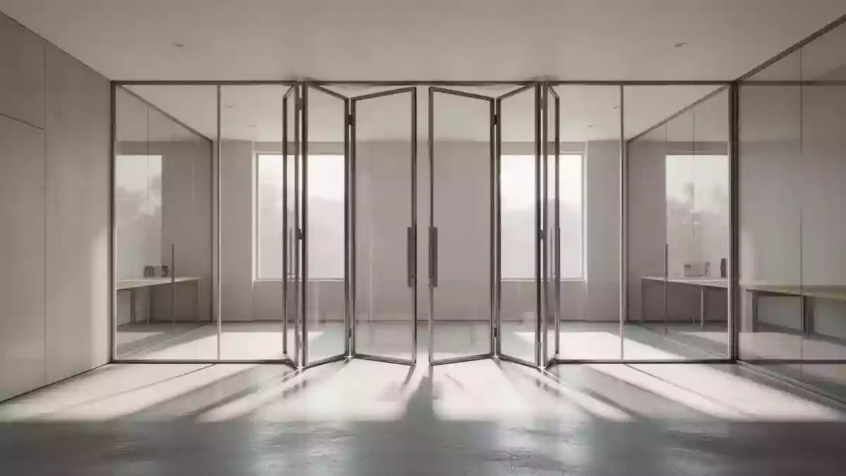 Ein heller, minimalistischer Arbeitsbereich mit einer symmetrischen Glas-Falttür und klaren architektonischen Linien. Illustration mit AI erstellt.