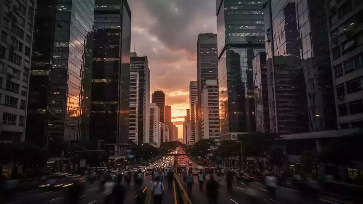 Blick auf moderne Wolkenkratzer im Finanzviertel von São Paulo bei Dämmerung. Illustration mit AI erstellt.