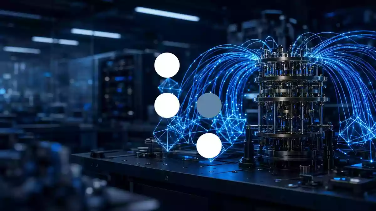 Abstrakte Darstellung von Quantencomputing-Technologie mit leuchtenden Lichtleitern in einem dunklen Labor. Illustration mit AI erstellt.