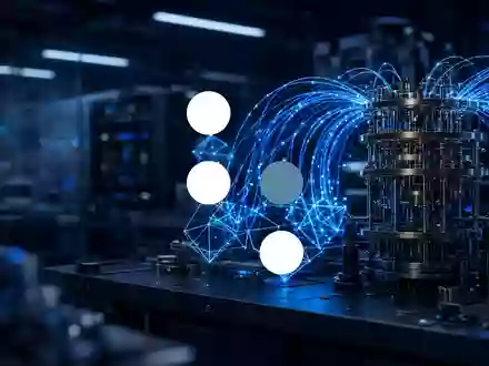 Abstrakte Darstellung von Quantencomputing-Technologie mit leuchtenden Lichtleitern in einem dunklen Labor. - Foto: über boerse-global.de