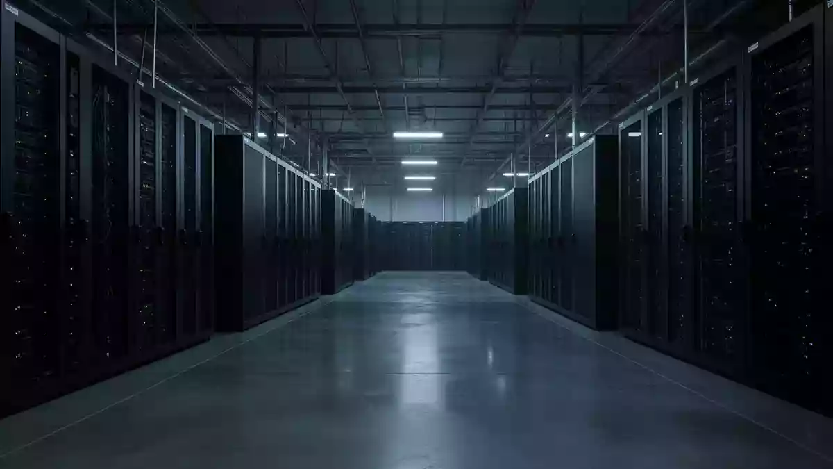 Ein industrieller Serverraum in kühlem, blauem Licht mit dunklen Serverracks in einer minimalistischen, menschenleeren Umgebung. Illustration mit AI erstellt.
